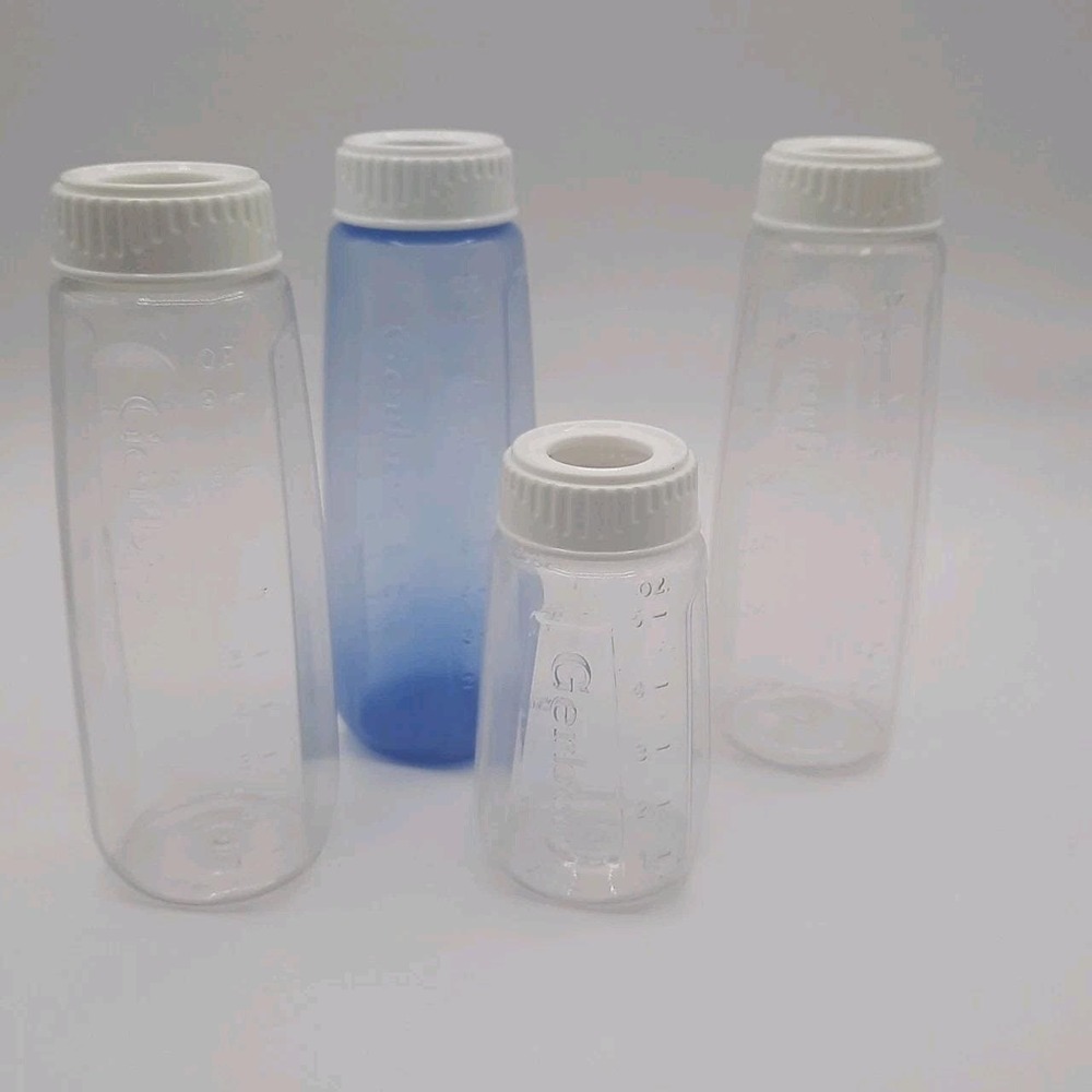 4 Vtg Gerber Baby Bottle Clear Blue Plastic Pyramid Nurser 8 & 4 oz No Nipple